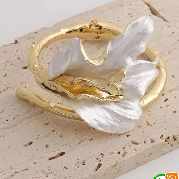 Gold and White Floral Horseshoe Cuff Bracelet | Vintage Luxury Open Bangle - Picture 2 of 3